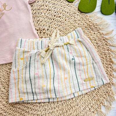 Conj. Blusa Heart e Short Saia em Linho Listrado - Rose e Areia Conj. Blusa Heart e Short Saia em Linho Listrado - Rose e Areia